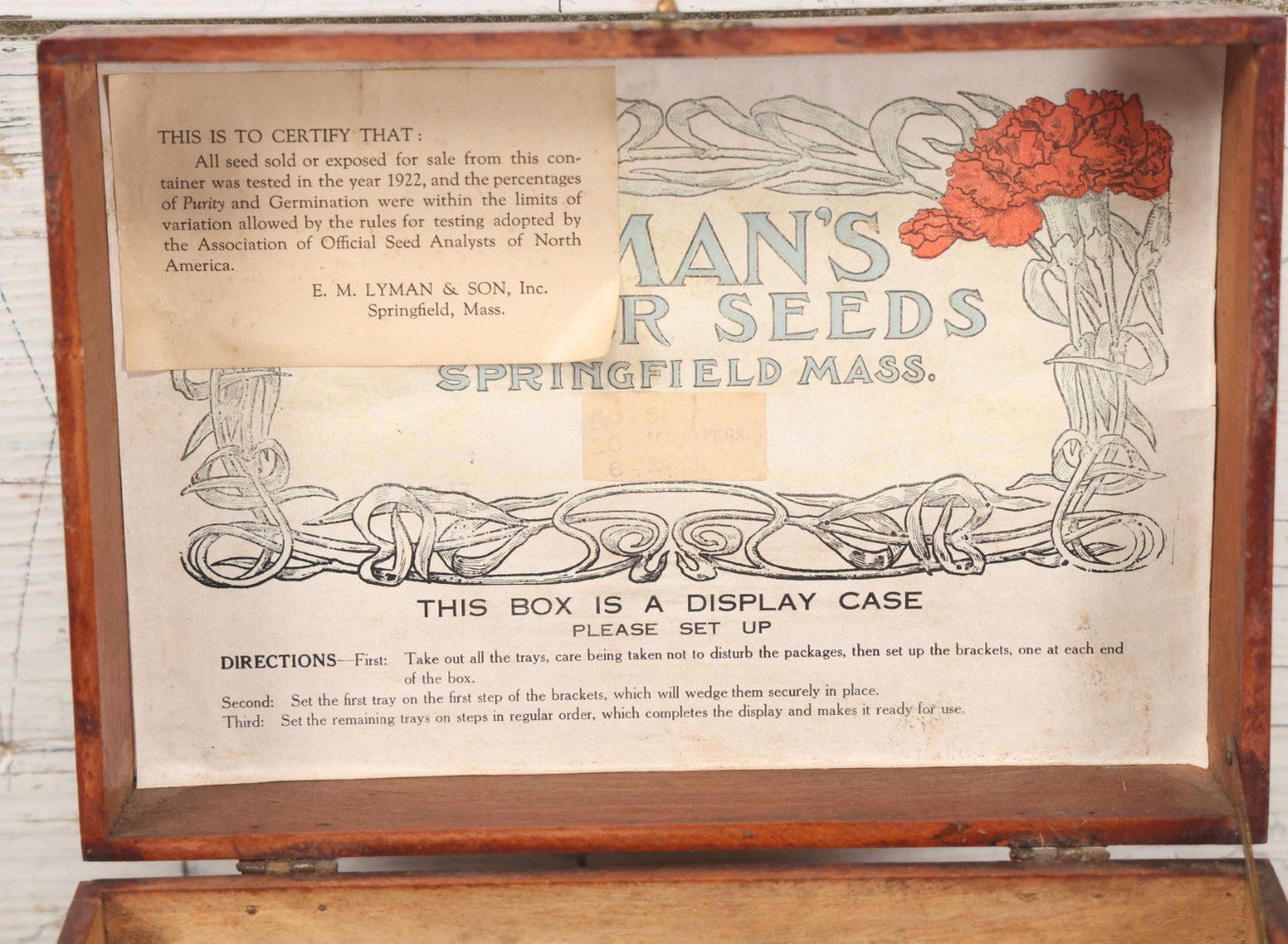 Lot 080 - Antique Finger Jointed Wooden Seed Store Display Box From E.M Lyman & Son, Inc, Lyman's Seeds, Springfield, Massachusetts, Circa 1922