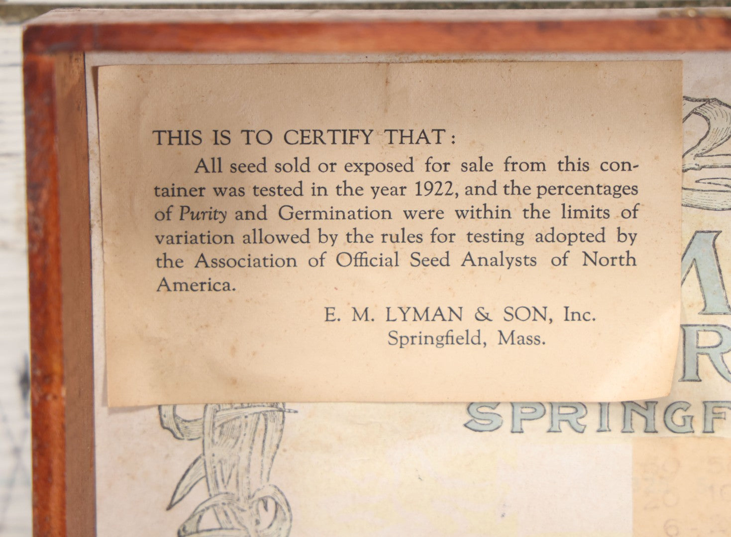 Lot 080 - Antique Finger Jointed Wooden Seed Store Display Box From E.M Lyman & Son, Inc, Lyman's Seeds, Springfield, Massachusetts, Circa 1922
