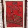 Lot 085 - Vintage "Our Sons Are In Service" War Time Red Placard With Gold Glitter Lettering, 48 Star Flag, Likely World War 2, In Frame, 9-7/8" x 13-3/8"