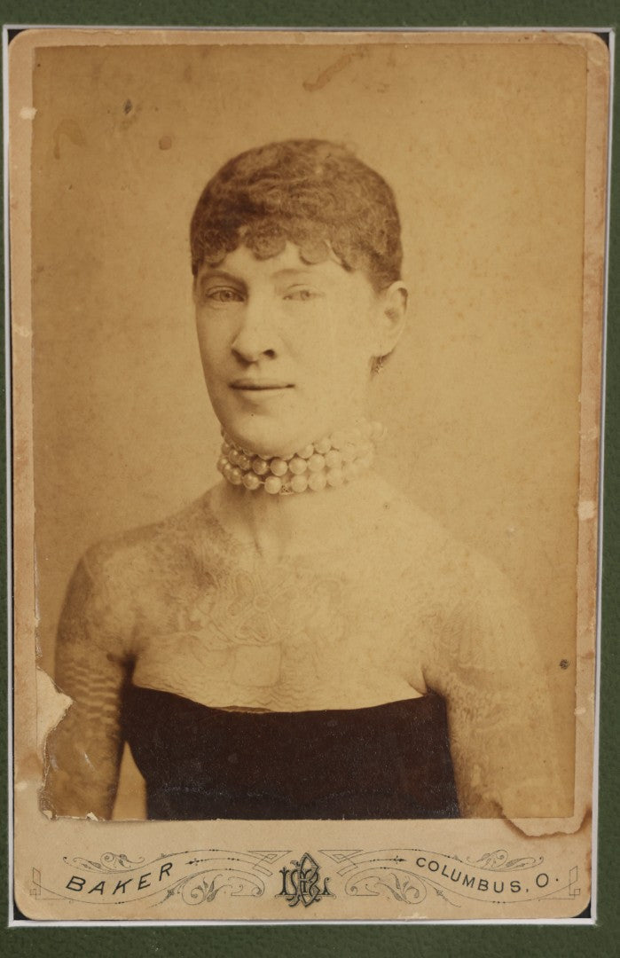 Lot 001 - Antique Cabinet Card Photo Of Tattooed Lady Anna Grace, In Ornate Frame, Baker Photographer, Tattooed By Edwin Thomas, 16-3/4" x 18-7/8"