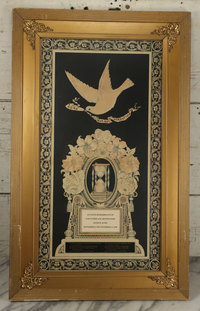Lot 005 - Antique Mourning Lithograph In Frame With Dove And Hourglass, "Gone By Not Forgotten," Copyright T.W. Campbell, 1892, Updated In Memory Of David H. Jones, Died 1996, 19-3/" x 27-1/4"