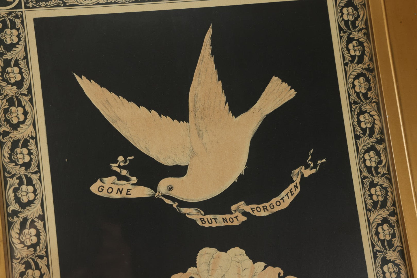 Lot 005 - Antique Mourning Lithograph In Frame With Dove And Hourglass, "Gone By Not Forgotten," Copyright T.W. Campbell, 1892, Updated In Memory Of David H. Jones, Died 1996, 19-3/" x 27-1/4"