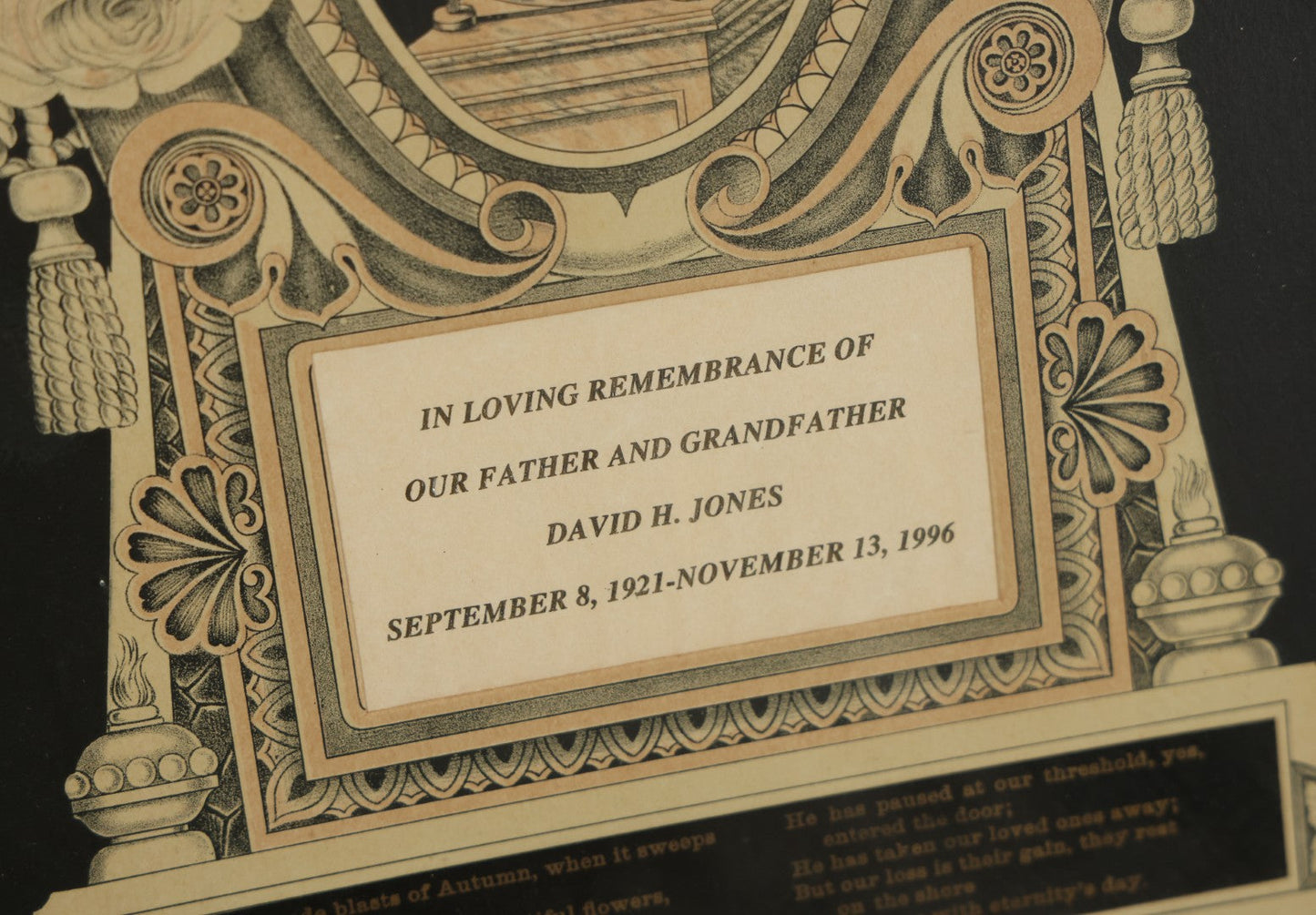 Lot 005 - Antique Mourning Lithograph In Frame With Dove And Hourglass, "Gone By Not Forgotten," Copyright T.W. Campbell, 1892, Updated In Memory Of David H. Jones, Died 1996, 19-3/" x 27-1/4"