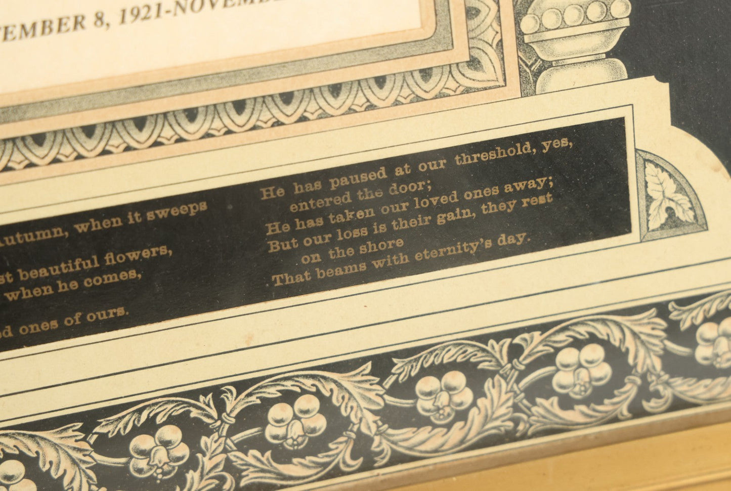 Lot 005 - Antique Mourning Lithograph In Frame With Dove And Hourglass, "Gone By Not Forgotten," Copyright T.W. Campbell, 1892, Updated In Memory Of David H. Jones, Died 1996, 19-3/" x 27-1/4"