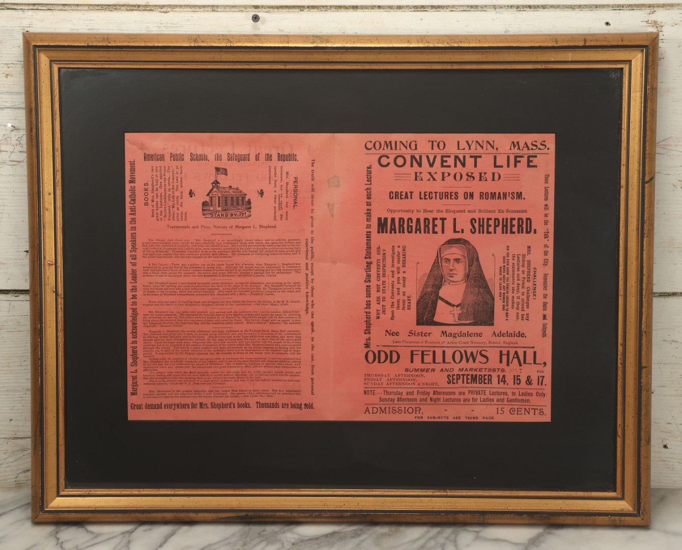 Lot 006 - Antique Framed Program For "Convent Life Exposed" Event In Lynn, Massachusetts, Featuring Margaret L. Shepherd, Fraudulent Anti-Catholic Nun, Circa 1885, In Double Windowed Frame, 24-3/4" x 19-1/2"