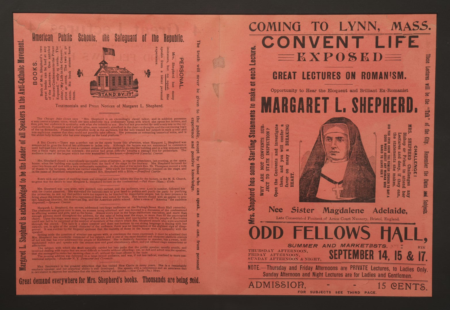 Lot 006 - Antique Framed Program For "Convent Life Exposed" Event In Lynn, Massachusetts, Featuring Margaret L. Shepherd, Fraudulent Anti-Catholic Nun, Circa 1885, In Double Windowed Frame, 24-3/4" x 19-1/2"