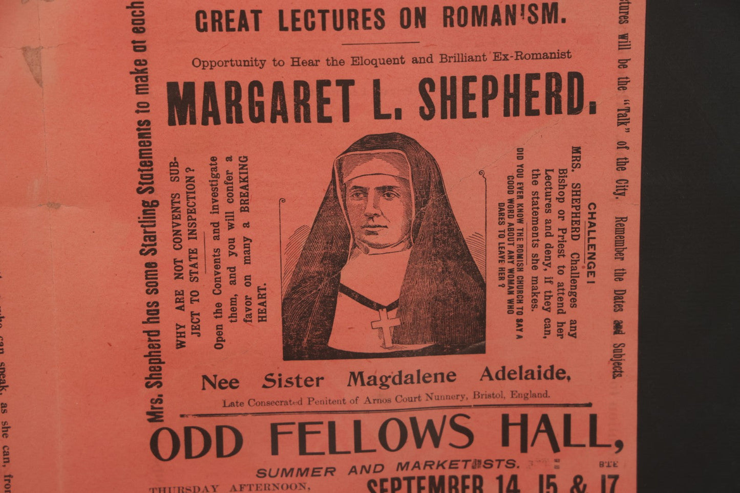 Lot 006 - Antique Framed Program For "Convent Life Exposed" Event In Lynn, Massachusetts, Featuring Margaret L. Shepherd, Fraudulent Anti-Catholic Nun, Circa 1885, In Double Windowed Frame, 24-3/4" x 19-1/2"