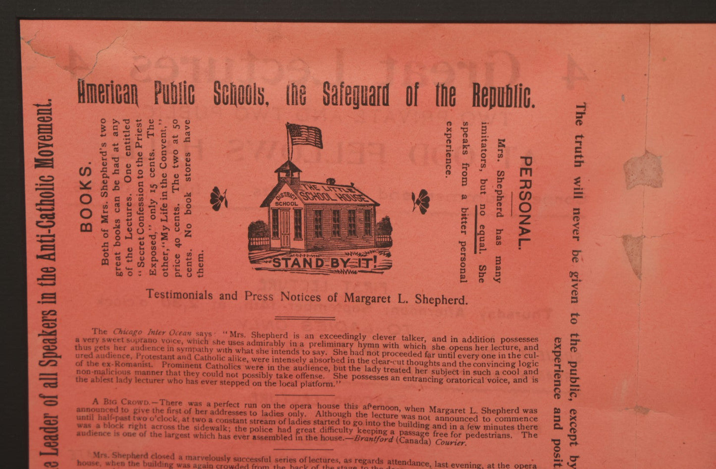 Lot 006 - Antique Framed Program For "Convent Life Exposed" Event In Lynn, Massachusetts, Featuring Margaret L. Shepherd, Fraudulent Anti-Catholic Nun, Circa 1885, In Double Windowed Frame, 24-3/4" x 19-1/2"