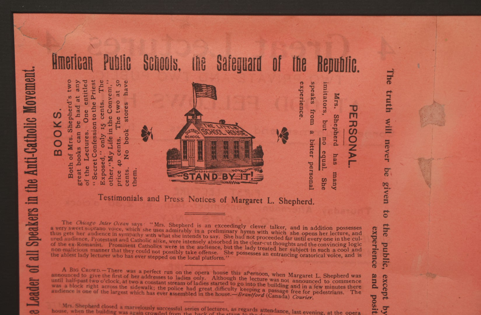 Lot 006 - Antique Framed Program For "Convent Life Exposed" Event In Lynn, Massachusetts, Featuring Margaret L. Shepherd, Fraudulent Anti-Catholic Nun, Circa 1885, In Double Windowed Frame, 24-3/4" x 19-1/2"