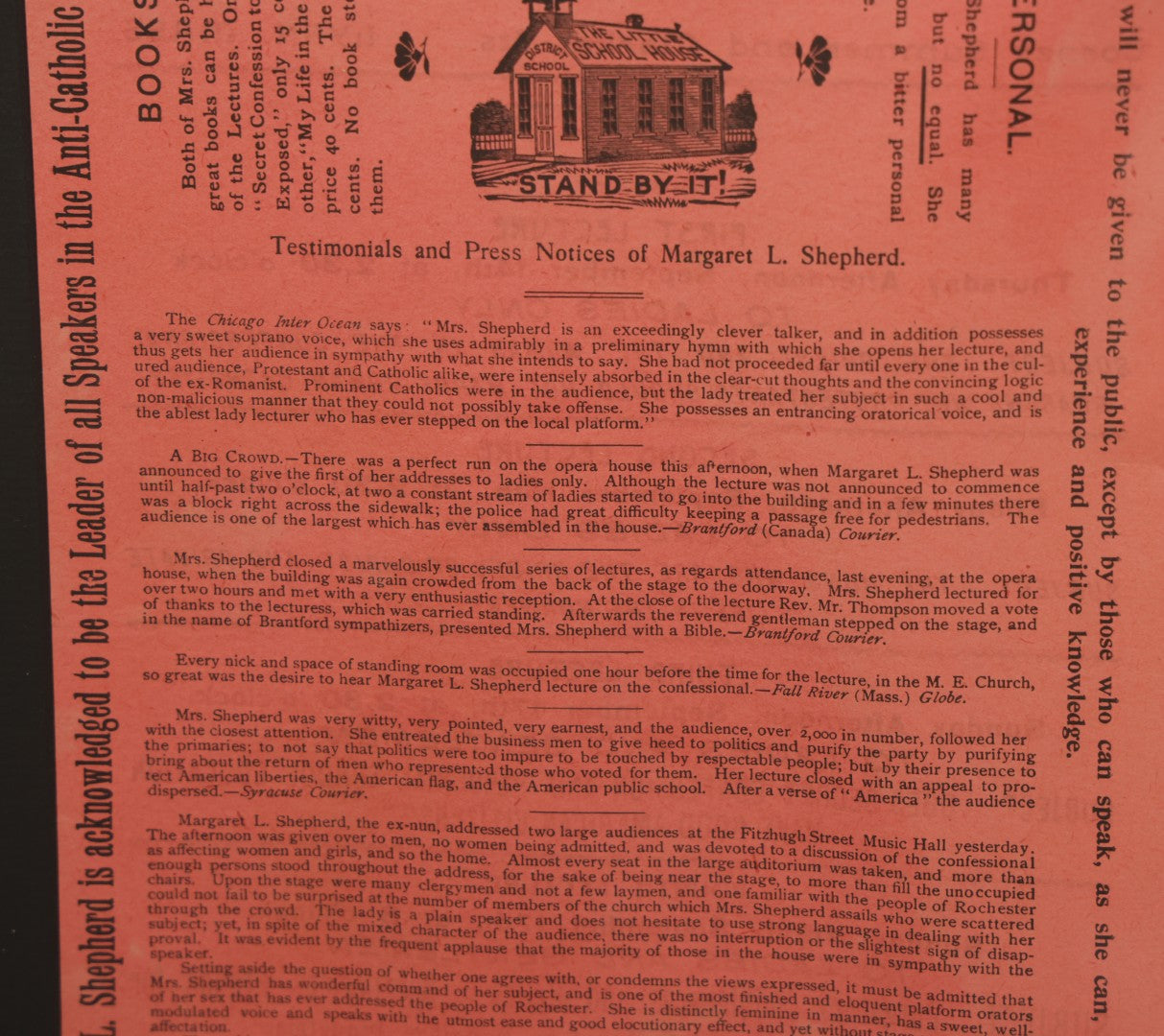 Lot 006 - Antique Framed Program For "Convent Life Exposed" Event In Lynn, Massachusetts, Featuring Margaret L. Shepherd, Fraudulent Anti-Catholic Nun, Circa 1885, In Double Windowed Frame, 24-3/4" x 19-1/2"