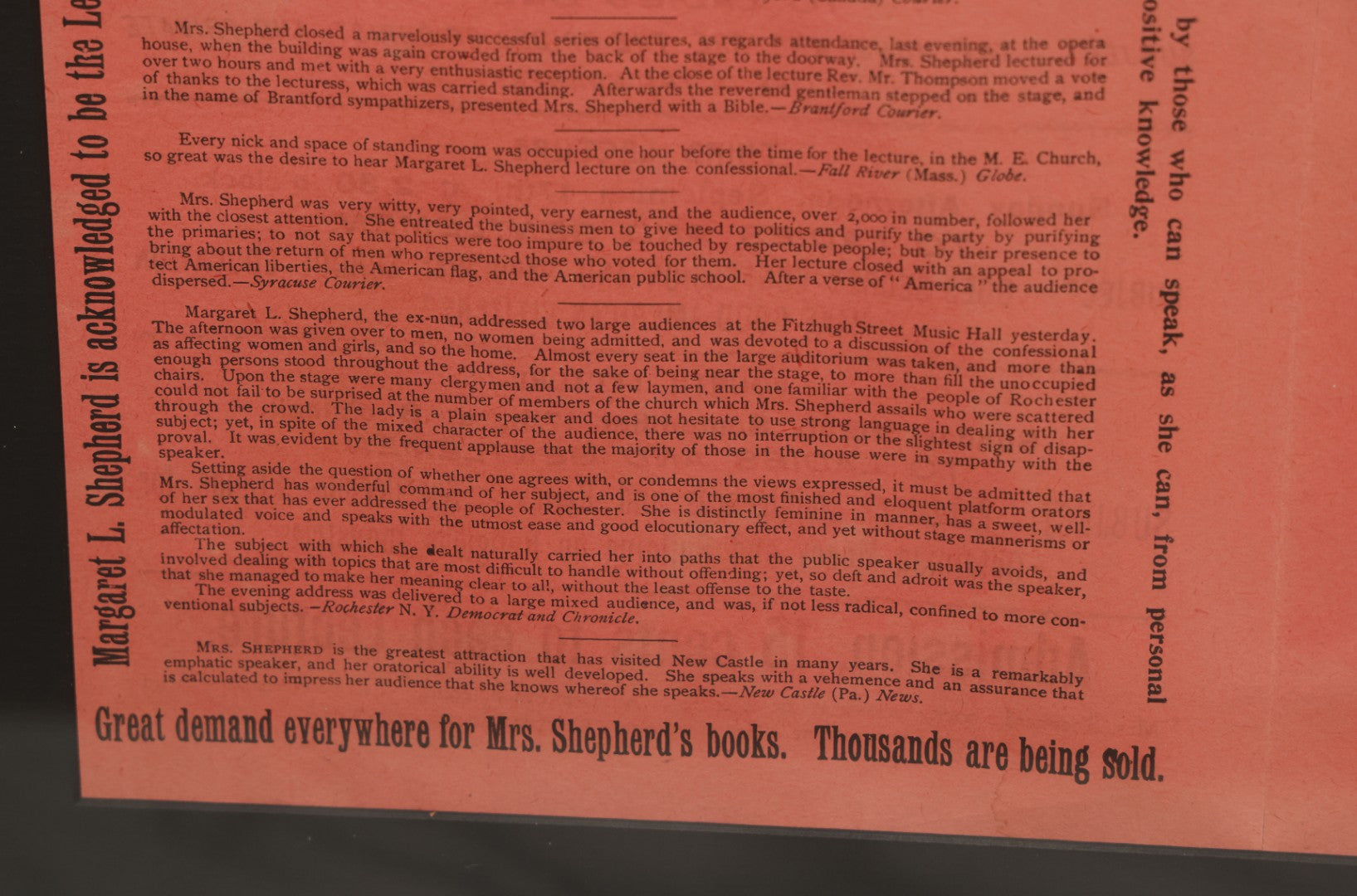 Lot 006 - Antique Framed Program For "Convent Life Exposed" Event In Lynn, Massachusetts, Featuring Margaret L. Shepherd, Fraudulent Anti-Catholic Nun, Circa 1885, In Double Windowed Frame, 24-3/4" x 19-1/2"