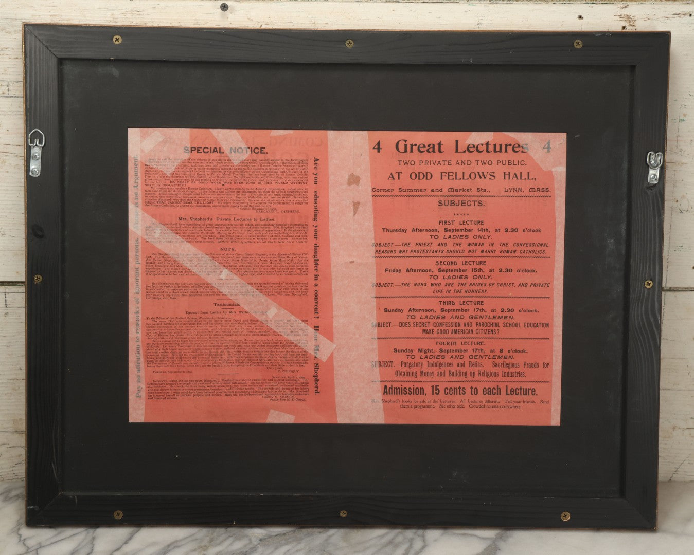 Lot 006 - Antique Framed Program For "Convent Life Exposed" Event In Lynn, Massachusetts, Featuring Margaret L. Shepherd, Fraudulent Anti-Catholic Nun, Circa 1885, In Double Windowed Frame, 24-3/4" x 19-1/2"