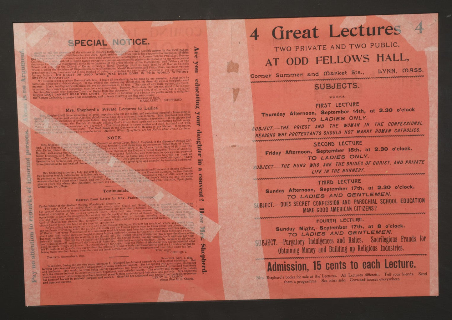 Lot 006 - Antique Framed Program For "Convent Life Exposed" Event In Lynn, Massachusetts, Featuring Margaret L. Shepherd, Fraudulent Anti-Catholic Nun, Circa 1885, In Double Windowed Frame, 24-3/4" x 19-1/2"