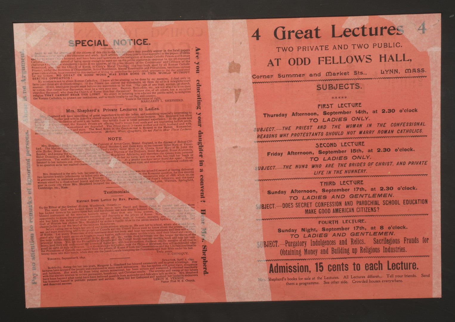 Lot 006 - Antique Framed Program For "Convent Life Exposed" Event In Lynn, Massachusetts, Featuring Margaret L. Shepherd, Fraudulent Anti-Catholic Nun, Circa 1885, In Double Windowed Frame, 24-3/4" x 19-1/2"