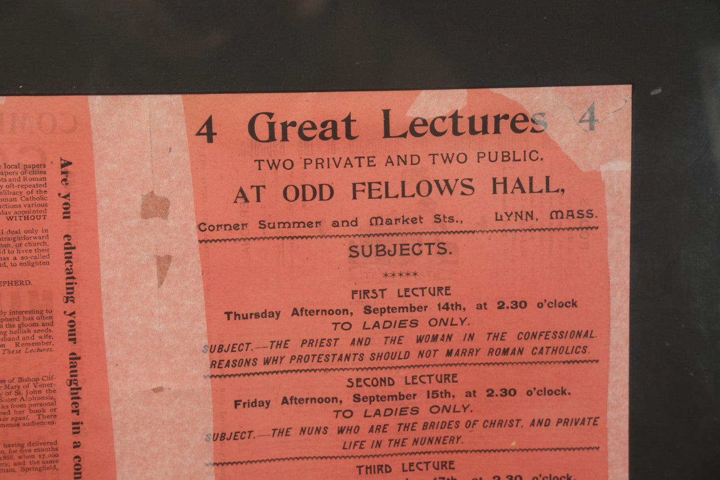 Lot 006 - Antique Framed Program For "Convent Life Exposed" Event In Lynn, Massachusetts, Featuring Margaret L. Shepherd, Fraudulent Anti-Catholic Nun, Circa 1885, In Double Windowed Frame, 24-3/4" x 19-1/2"
