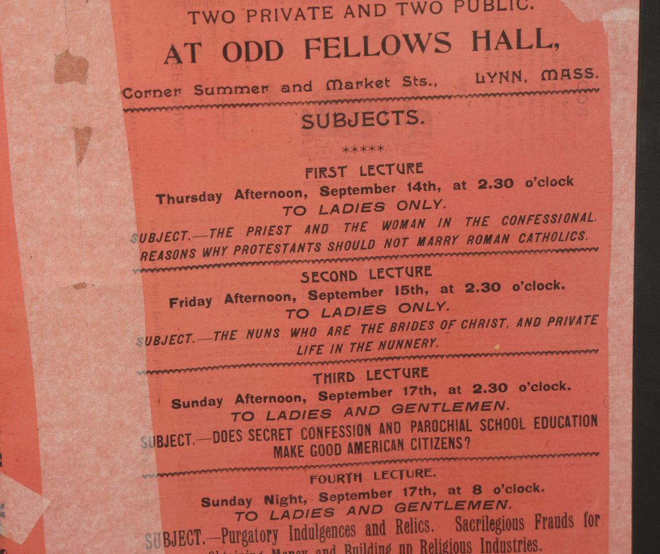 Lot 006 - Antique Framed Program For "Convent Life Exposed" Event In Lynn, Massachusetts, Featuring Margaret L. Shepherd, Fraudulent Anti-Catholic Nun, Circa 1885, In Double Windowed Frame, 24-3/4" x 19-1/2"