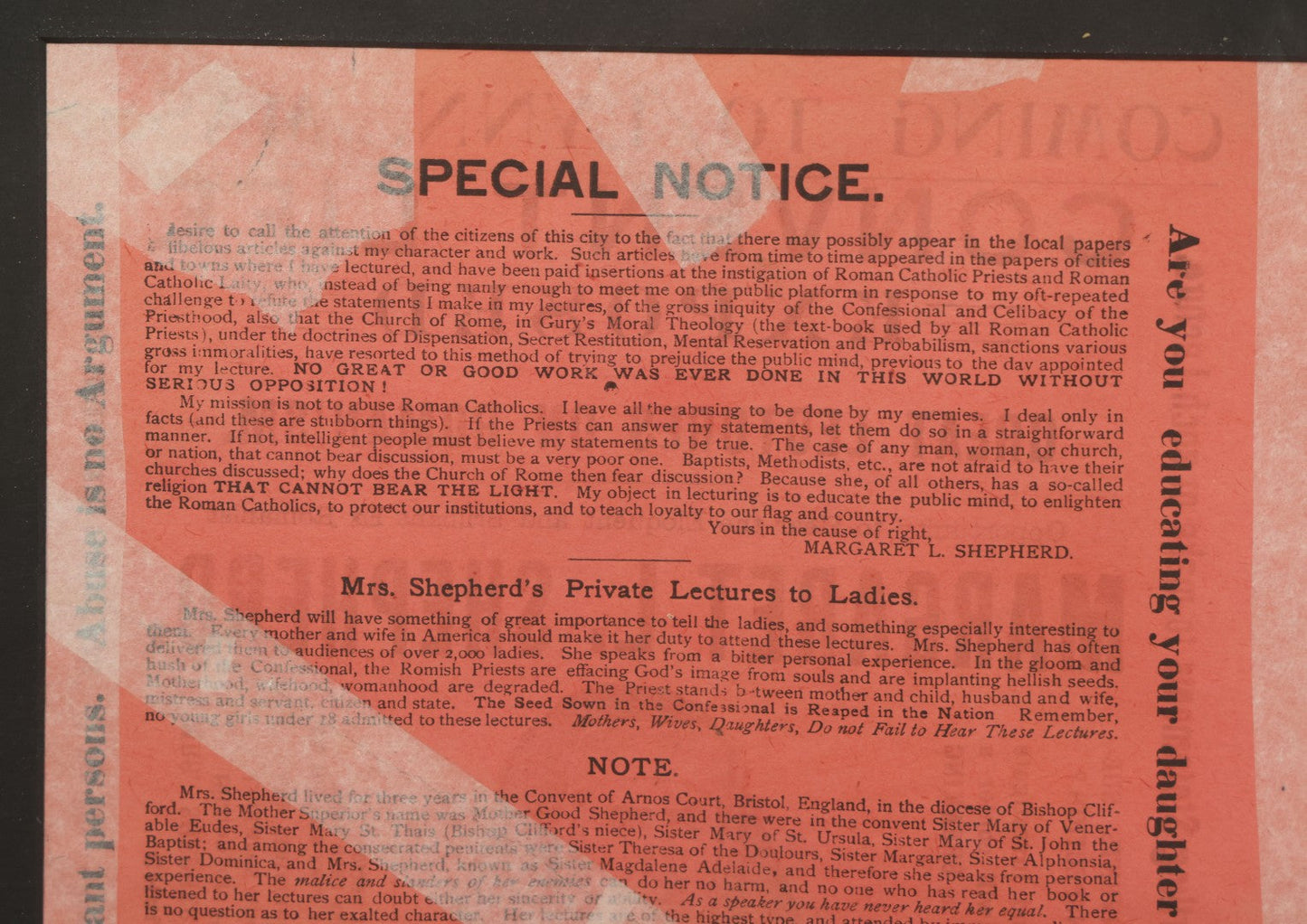 Lot 006 - Antique Framed Program For "Convent Life Exposed" Event In Lynn, Massachusetts, Featuring Margaret L. Shepherd, Fraudulent Anti-Catholic Nun, Circa 1885, In Double Windowed Frame, 24-3/4" x 19-1/2"