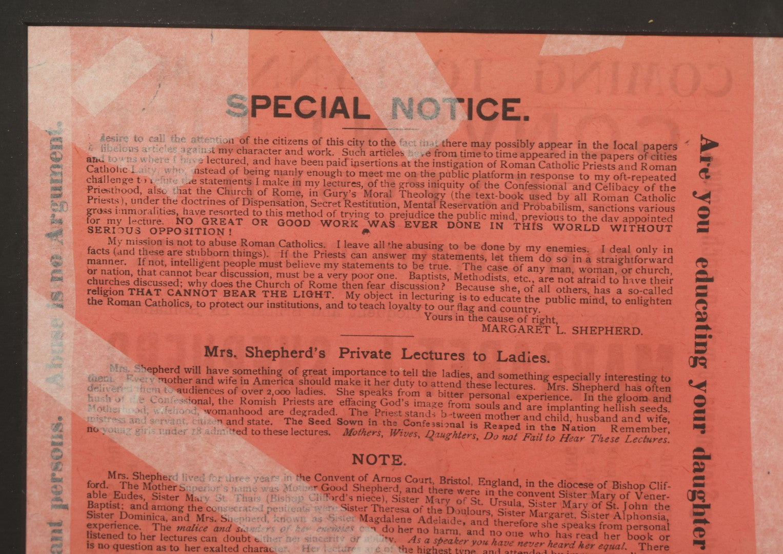 Lot 006 - Antique Framed Program For "Convent Life Exposed" Event In Lynn, Massachusetts, Featuring Margaret L. Shepherd, Fraudulent Anti-Catholic Nun, Circa 1885, In Double Windowed Frame, 24-3/4" x 19-1/2"