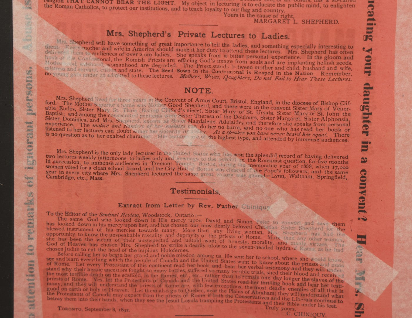 Lot 006 - Antique Framed Program For "Convent Life Exposed" Event In Lynn, Massachusetts, Featuring Margaret L. Shepherd, Fraudulent Anti-Catholic Nun, Circa 1885, In Double Windowed Frame, 24-3/4" x 19-1/2"