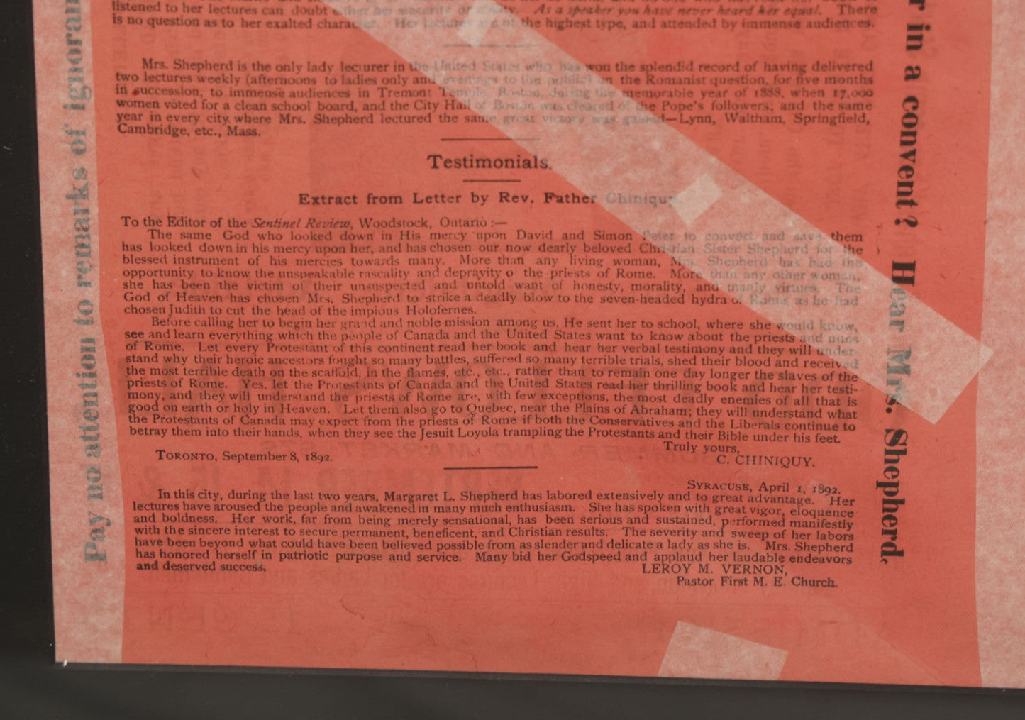 Lot 006 - Antique Framed Program For "Convent Life Exposed" Event In Lynn, Massachusetts, Featuring Margaret L. Shepherd, Fraudulent Anti-Catholic Nun, Circa 1885, In Double Windowed Frame, 24-3/4" x 19-1/2"