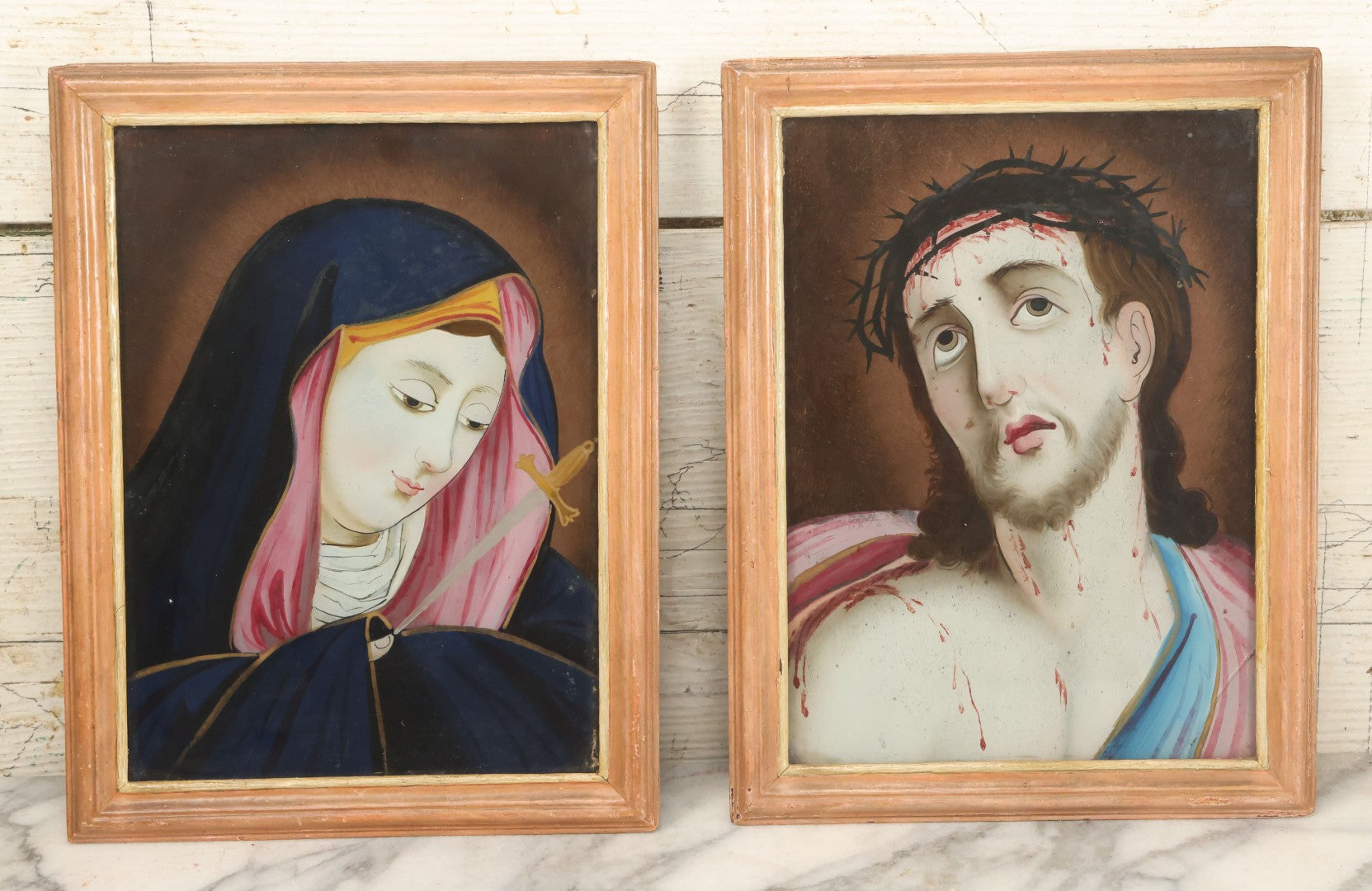 Lot 007 - Pair Of Antique Religious Reverse Paintings Of The Virgin Mary And Jesus Christ, In Frames, Note Crack Lower Right Of Jesus, 8-5/8" x 11-1/4"