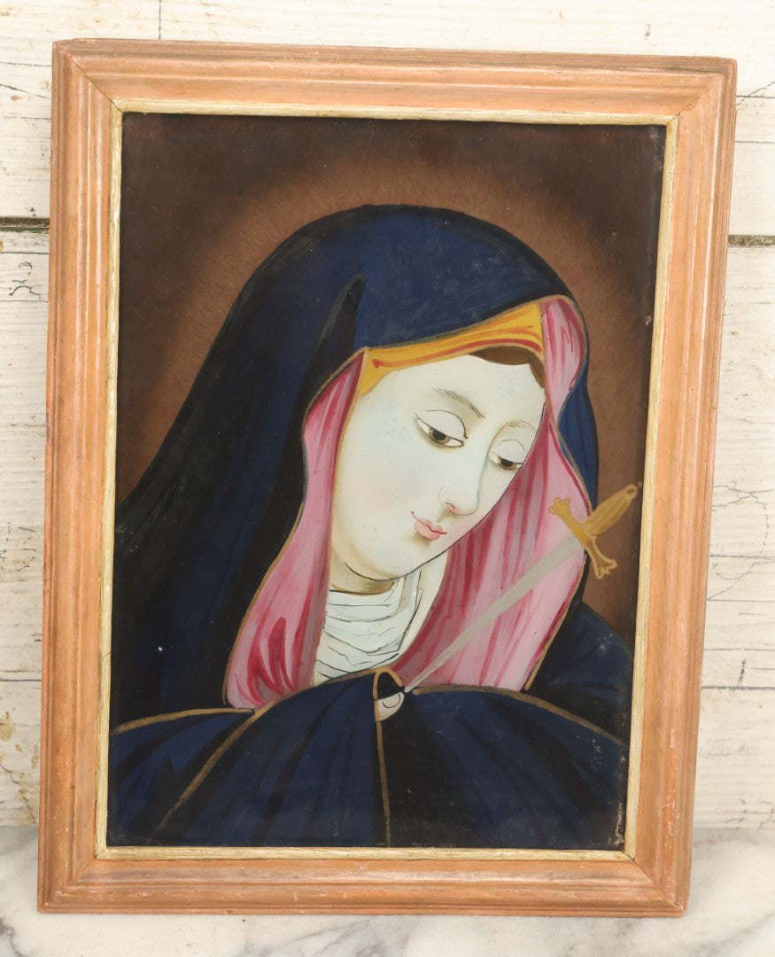 Lot 007 - Pair Of Antique Religious Reverse Paintings Of The Virgin Mary And Jesus Christ, In Frames, Note Crack Lower Right Of Jesus, 8-5/8" x 11-1/4"