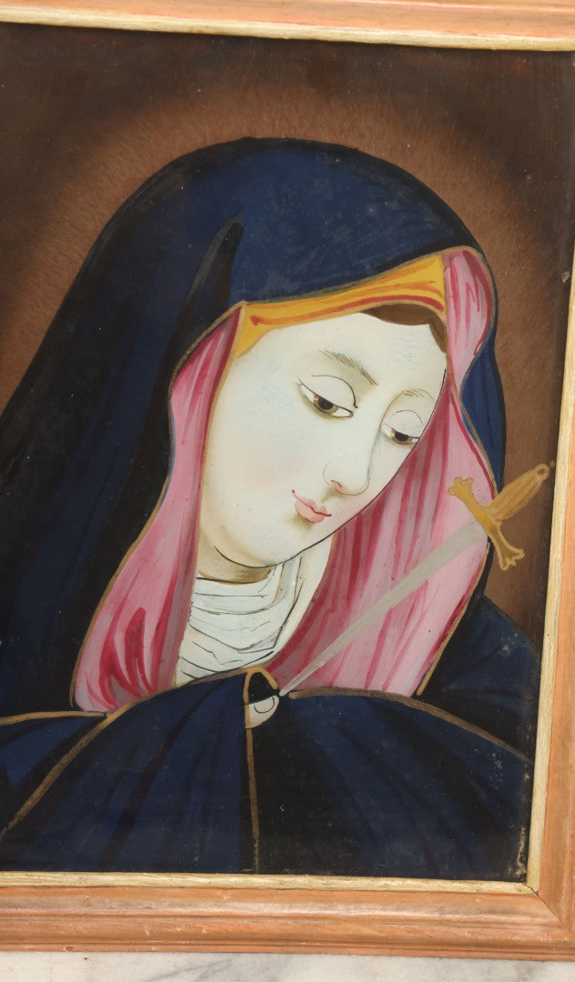 Lot 007 - Pair Of Antique Religious Reverse Paintings Of The Virgin Mary And Jesus Christ, In Frames, Note Crack Lower Right Of Jesus, 8-5/8" x 11-1/4"