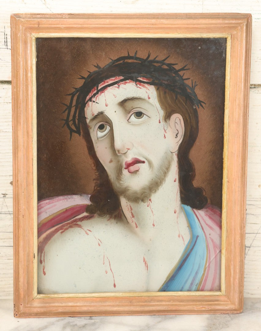 Lot 007 - Pair Of Antique Religious Reverse Paintings Of The Virgin Mary And Jesus Christ, In Frames, Note Crack Lower Right Of Jesus, 8-5/8" x 11-1/4"