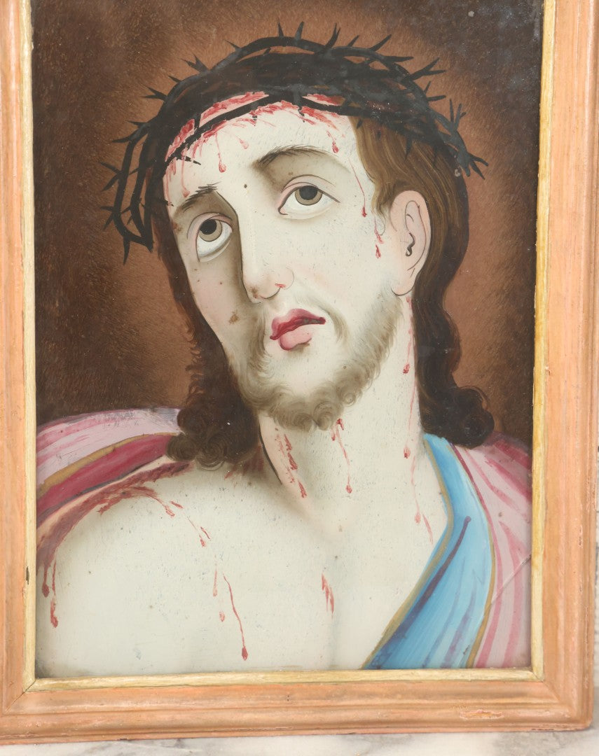 Lot 007 - Pair Of Antique Religious Reverse Paintings Of The Virgin Mary And Jesus Christ, In Frames, Note Crack Lower Right Of Jesus, 8-5/8" x 11-1/4"