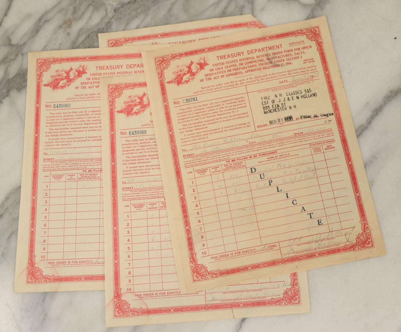 Lot 125 - Grouping Of Five Vintage Opium Order Forms From The United States Treasury Department, Internal Revenue Service, Circa 1930s