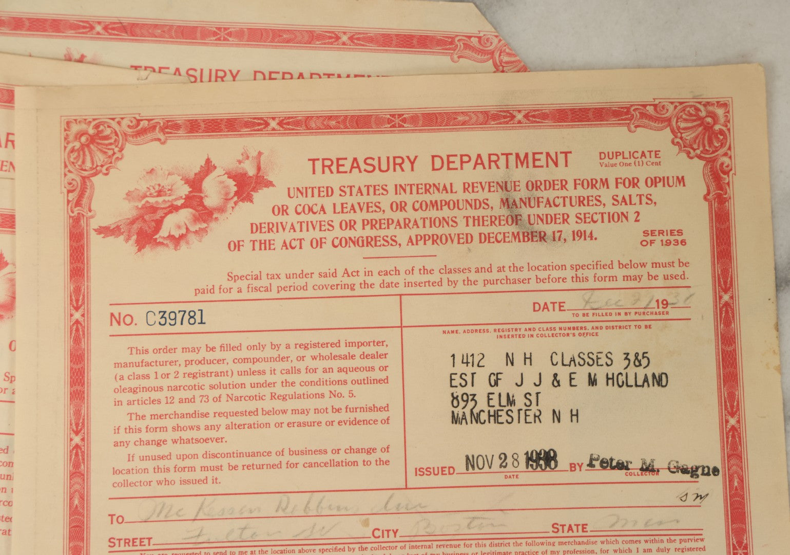 Lot 125 - Grouping Of Five Vintage Opium Order Forms From The United States Treasury Department, Internal Revenue Service, Circa 1930s