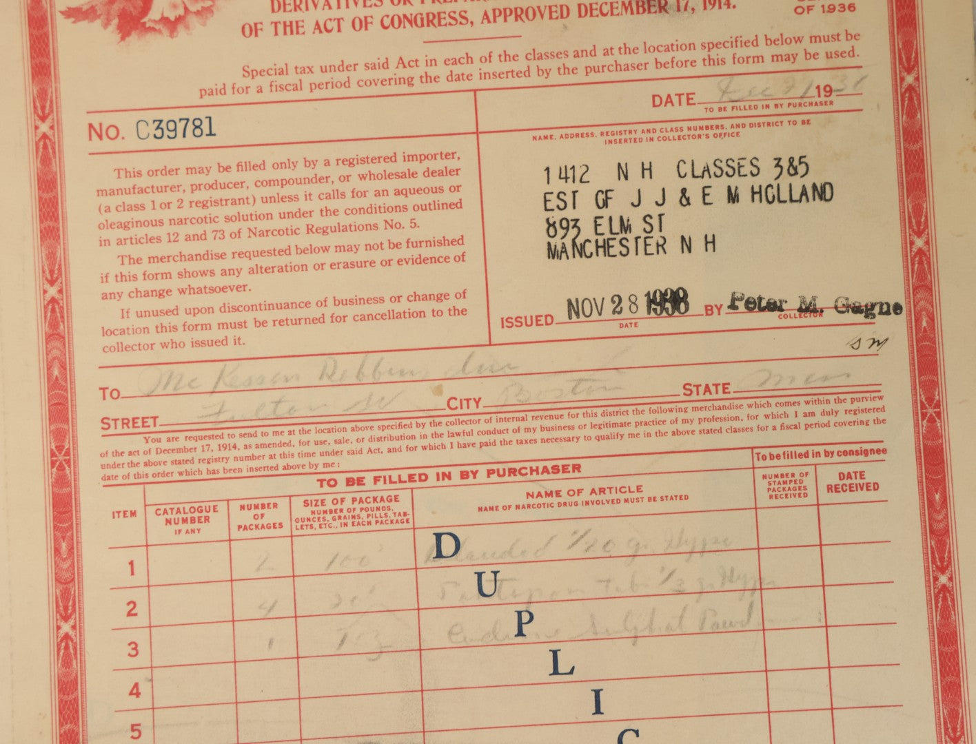 Lot 125 - Grouping Of Five Vintage Opium Order Forms From The United States Treasury Department, Internal Revenue Service, Circa 1930s