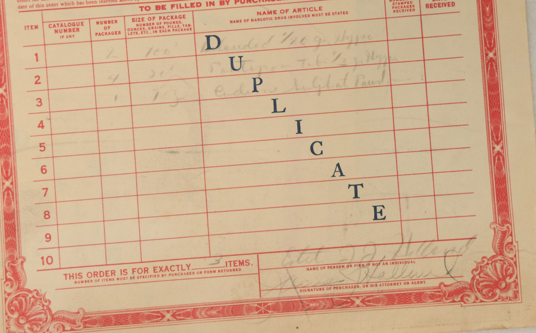 Lot 125 - Grouping Of Five Vintage Opium Order Forms From The United States Treasury Department, Internal Revenue Service, Circa 1930s