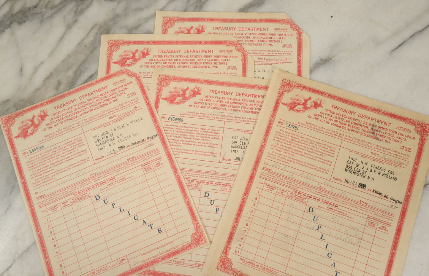 Lot 125 - Grouping Of Five Vintage Opium Order Forms From The United States Treasury Department, Internal Revenue Service, Circa 1930s