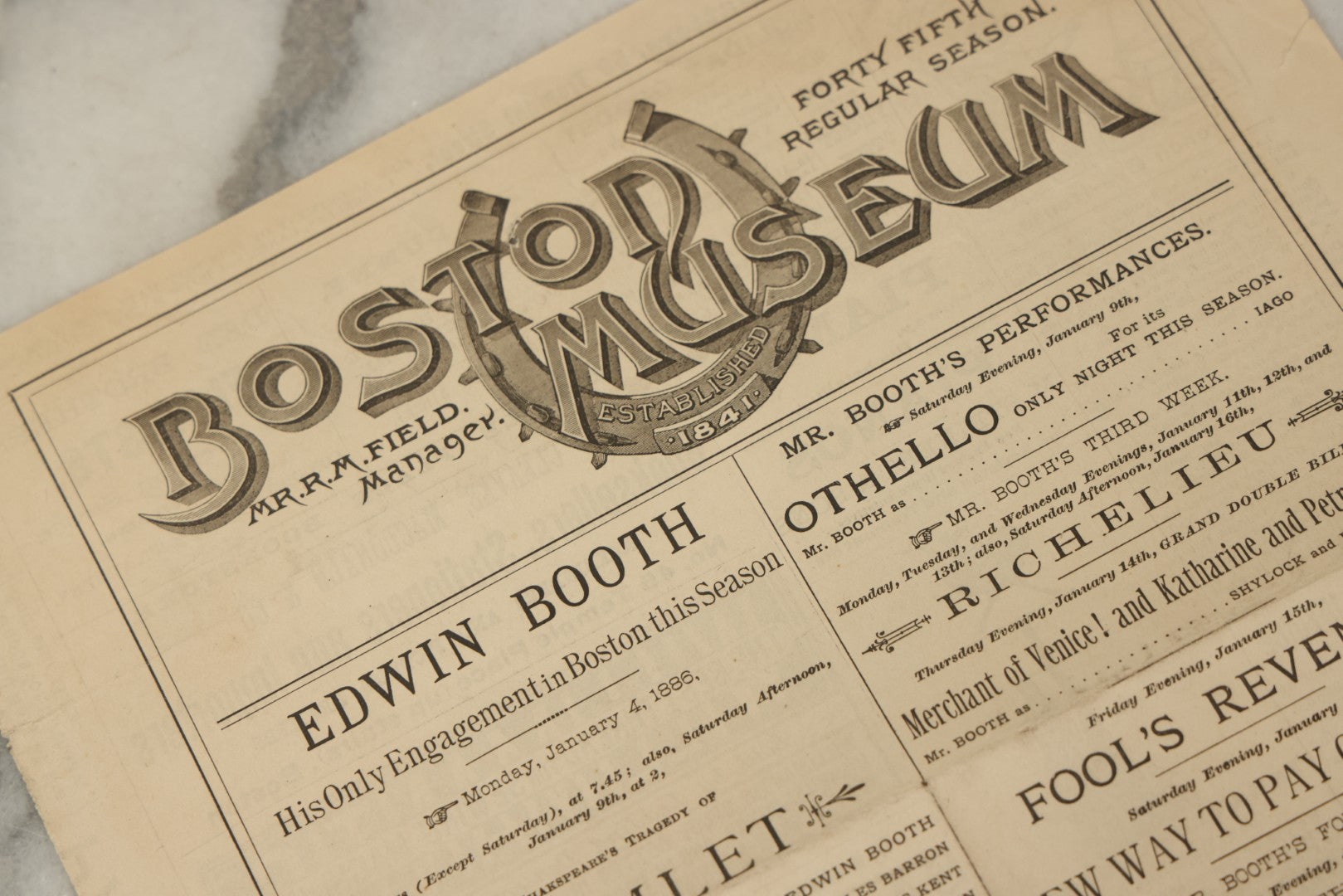 Lot 126 - Antique Advertisement For Edwin Booth (Brother Of John Wilkes Booth) As Hamlet, From The Boston Museum Company Theater, January 1886