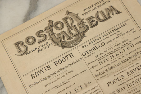 Lot 126 - Antique Advertisement For Edwin Booth (Brother Of John Wilkes Booth) As Hamlet, From The Boston Museum Company Theater, January 1886