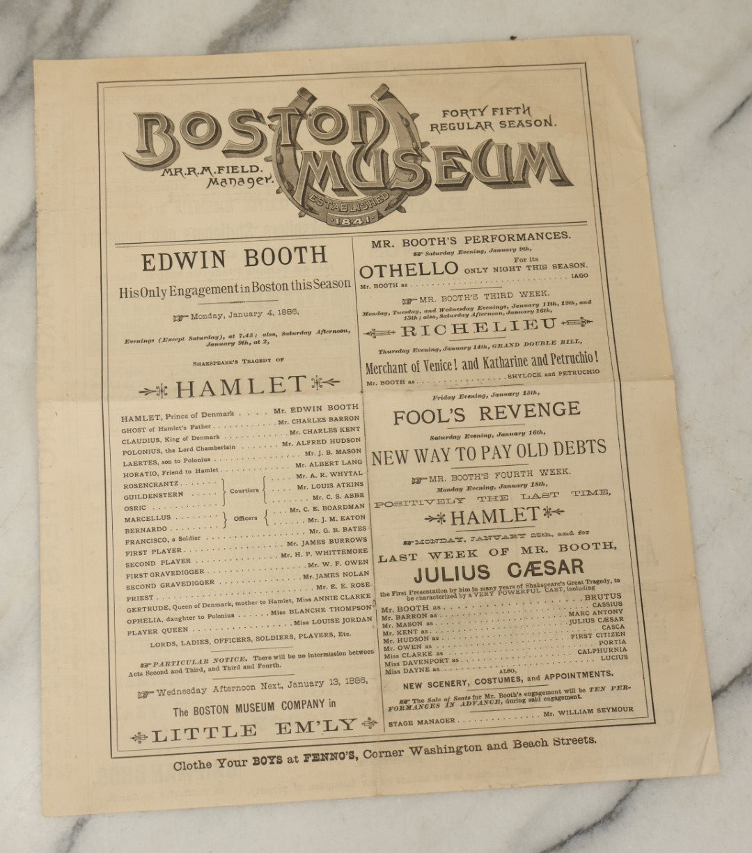 Lot 126 - Antique Advertisement For Edwin Booth (Brother Of John Wilkes Booth) As Hamlet, From The Boston Museum Company Theater, January 1886