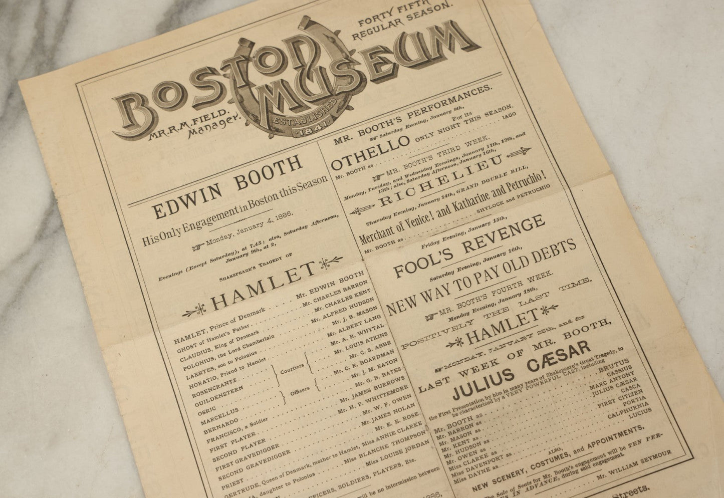 Lot 126 - Antique Advertisement For Edwin Booth (Brother Of John Wilkes Booth) As Hamlet, From The Boston Museum Company Theater, January 1886