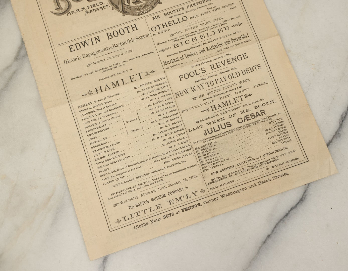 Lot 126 - Antique Advertisement For Edwin Booth (Brother Of John Wilkes Booth) As Hamlet, From The Boston Museum Company Theater, January 1886