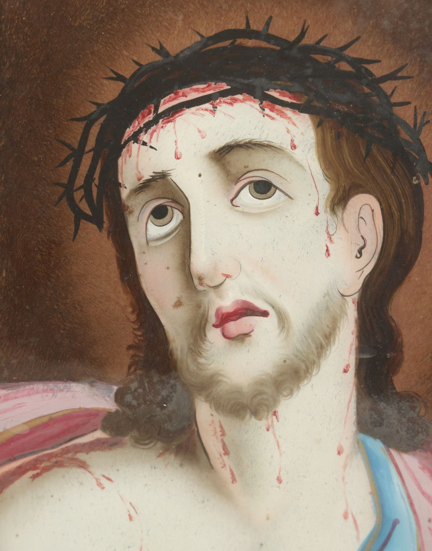 Lot 007 - Pair Of Antique Religious Reverse Paintings Of The Virgin Mary And Jesus Christ, In Frames, Note Crack Lower Right Of Jesus, 8-5/8" x 11-1/4"