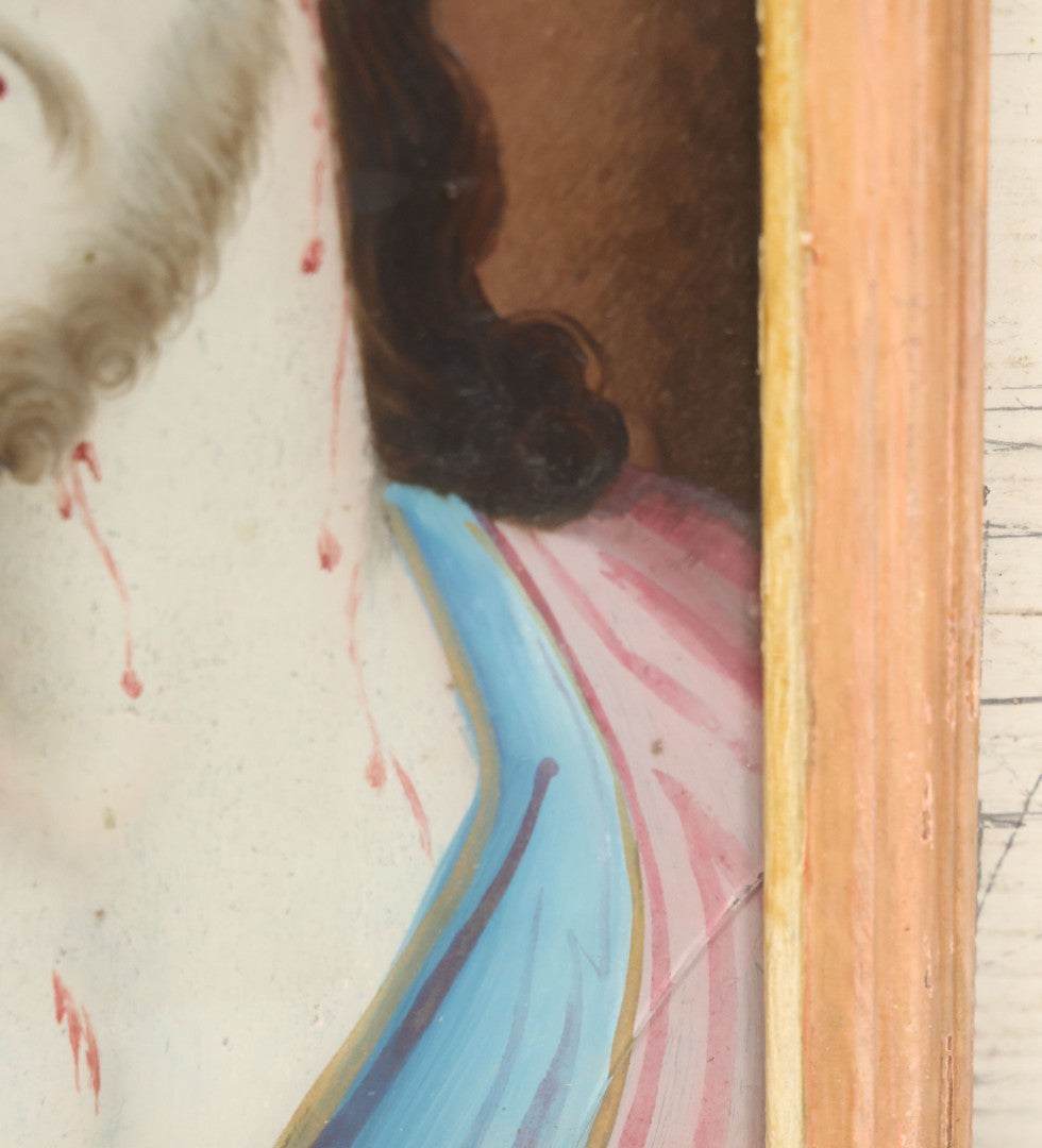 Lot 007 - Pair Of Antique Religious Reverse Paintings Of The Virgin Mary And Jesus Christ, In Frames, Note Crack Lower Right Of Jesus, 8-5/8" x 11-1/4"