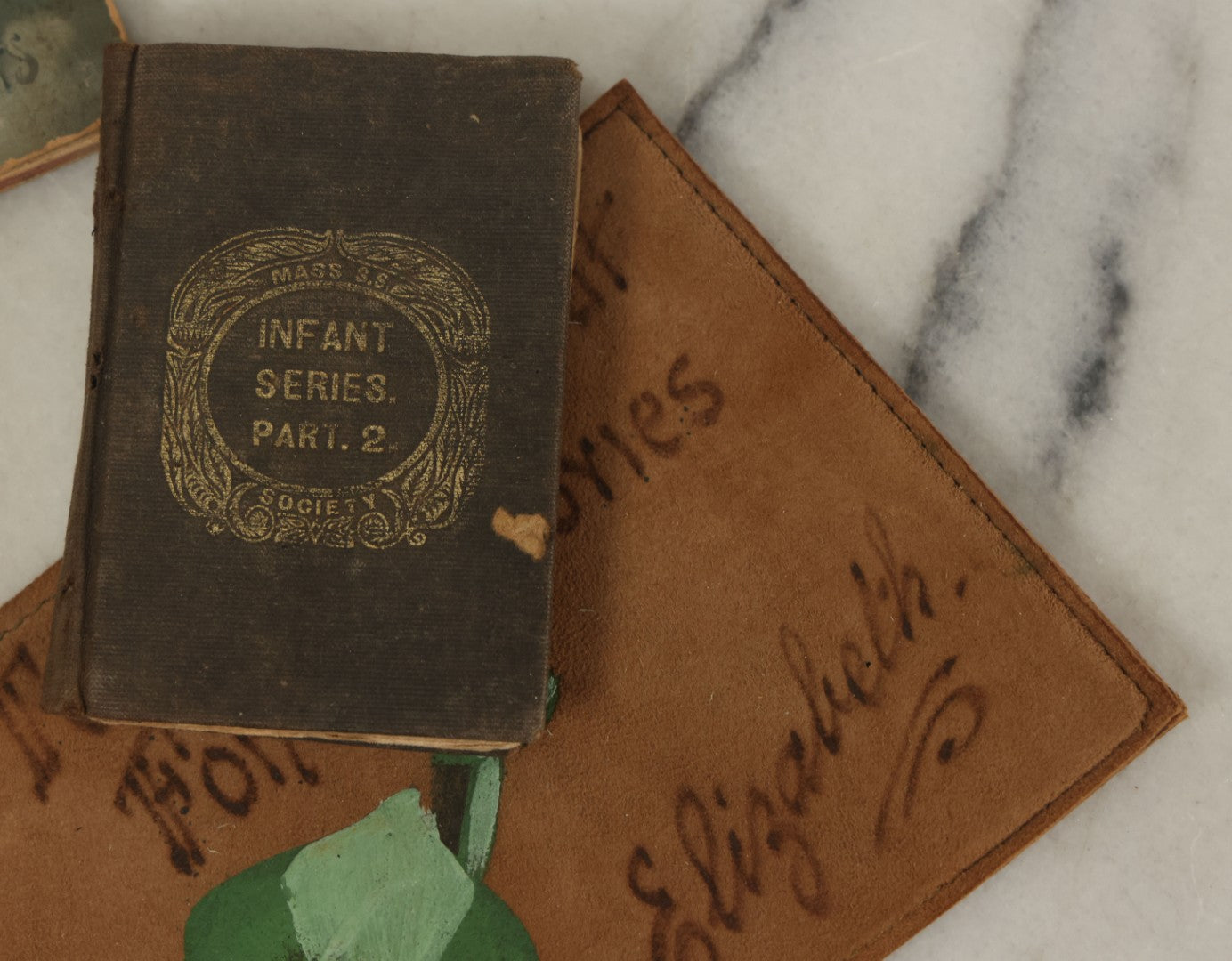 Lot 129 - Grouping Of Four Pieces Of Ephemera Including The Land Of The Pilgrim Fathers Book, Harper's Penmanship Book, Leather Blotter From Long Beach, California, And Infant Series Book