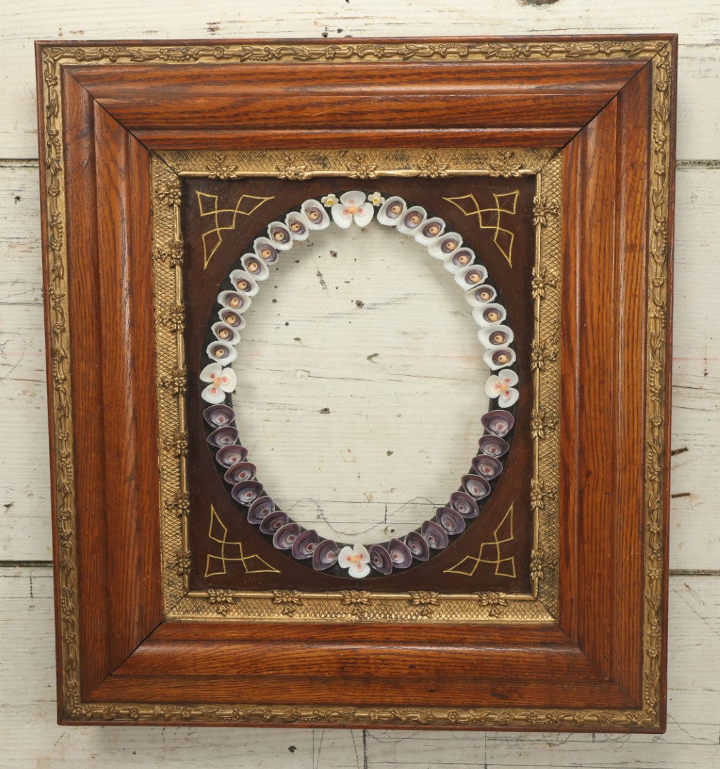 Lot 008 - Antique Victorian Eastlake Double Frame With Decorative Real Shell Surround, Shell Flowers, Sailors Valentine, 17" x 18-7/8"