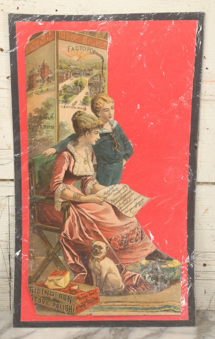 Lot 133 - Large Printed Advertisement For Rising Sun Stove Polish, Canton, Massachusetts, With Pug Dog