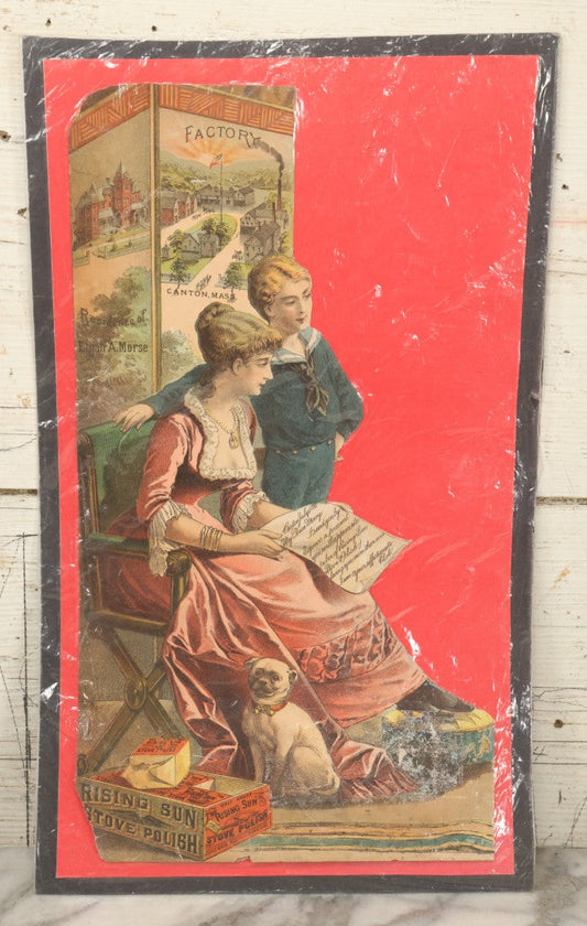 Lot 133 - Large Printed Advertisement For Rising Sun Stove Polish, Canton, Massachusetts, With Pug Dog