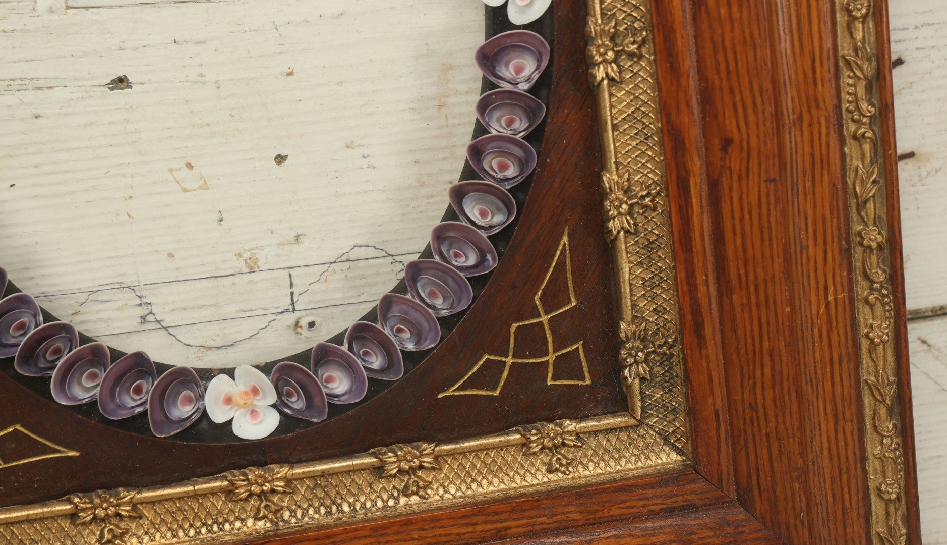 Lot 008 - Antique Victorian Eastlake Double Frame With Decorative Real Shell Surround, Shell Flowers, Sailors Valentine, 17" x 18-7/8"