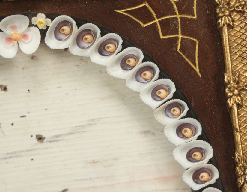 Lot 008 - Antique Victorian Eastlake Double Frame With Decorative Real Shell Surround, Shell Flowers, Sailors Valentine, 17" x 18-7/8"