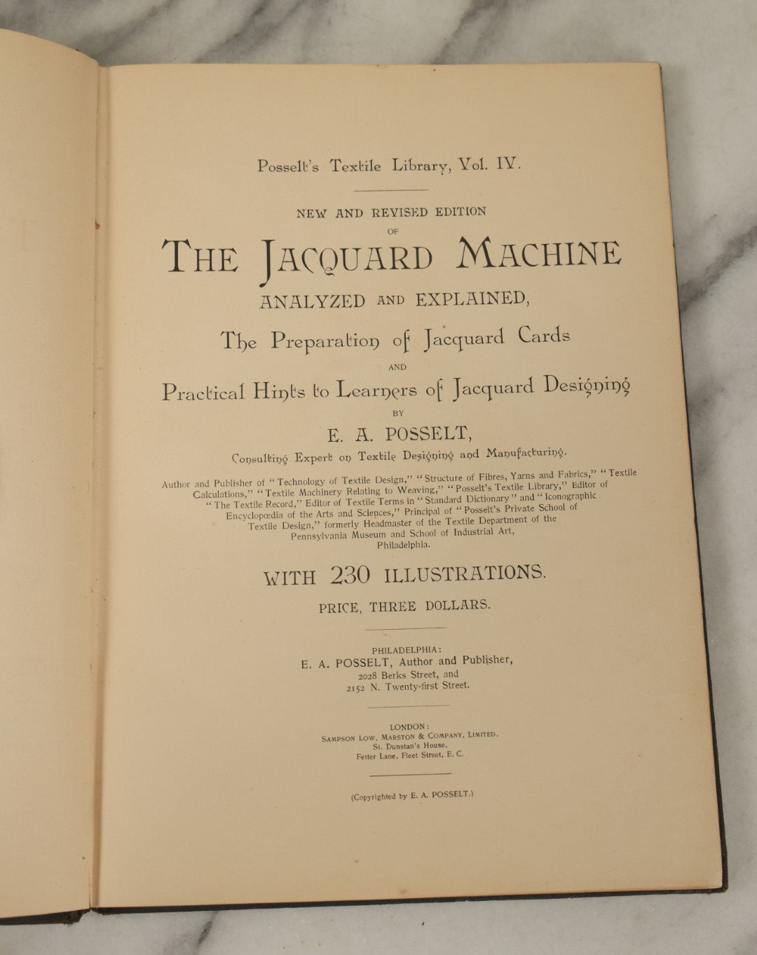 Lot 142 - "The Jacquard Machine Analyzed And Explained" Antique Textile Machinery Book By E.A. Posselt, Illustrated, Crompton & Knowles Loom Works, Worcester, Massachusetts