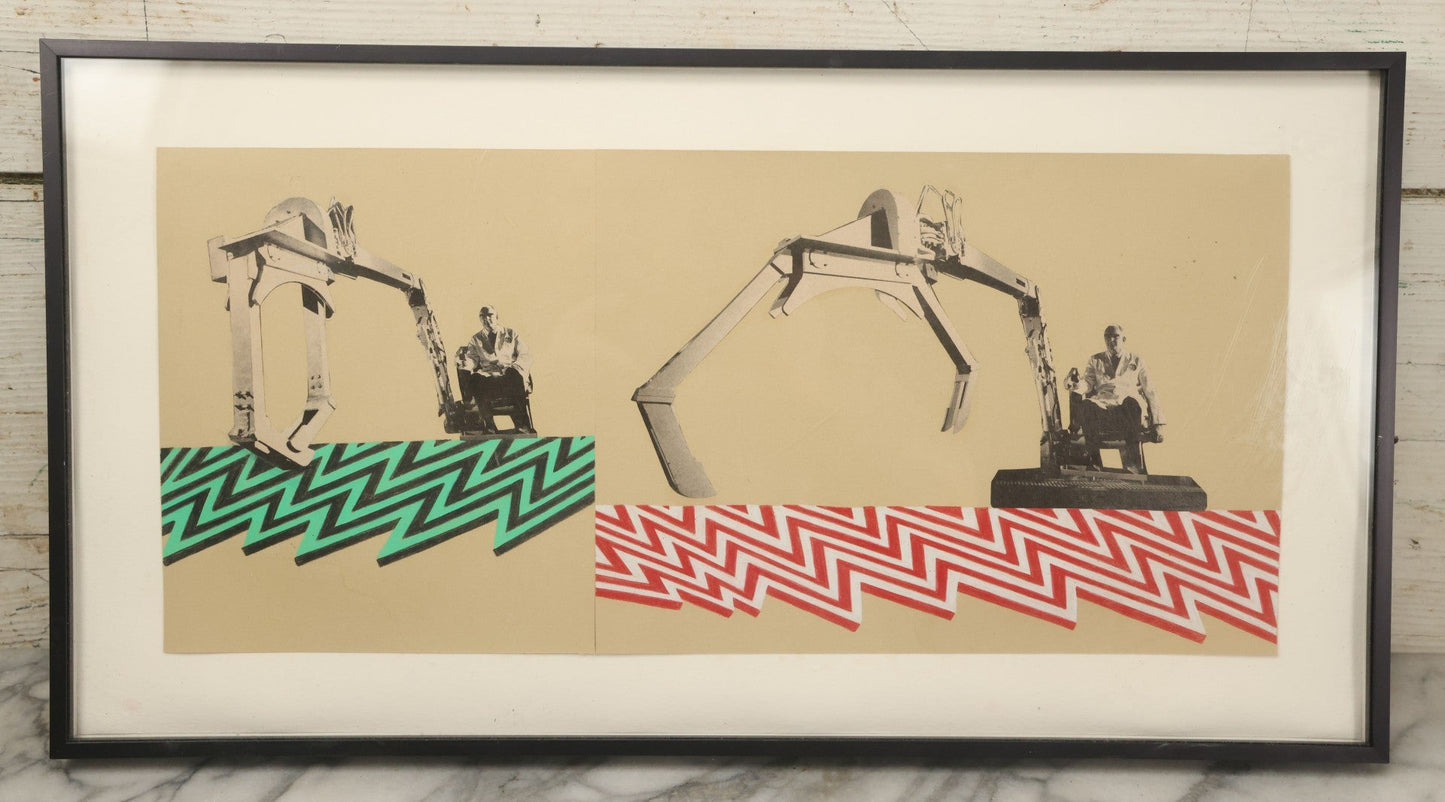 Lot 144 - Vintage Modern Pop Art Collage With Man Operating Heavy Machinery, Red And Green Zig Zag Designs, 21-1/4" x 11-1/4"