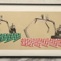 Lot 144 - Vintage Modern Pop Art Collage With Man Operating Heavy Machinery, Red And Green Zig Zag Designs, 21-1/4" x 11-1/4"